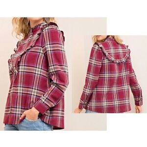 Entro Maroon Plaid Ruffle Detail Button Down